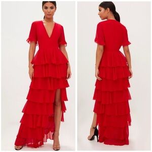 PrettyLittleThing Red Chiffon Ruffle Layer Maxi Dress | Size 6